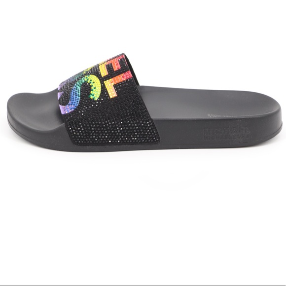 New Michael Kors 7 Gilmore Embellished Slide Sandals Black Multi - Picture 9 of 16